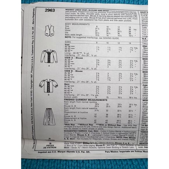 McCalls 2963 sewing pattern vest maxi skirt blouse kitten size 10 - Picture 4 of 6